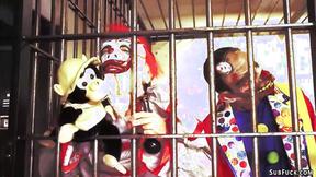 ”Group of clowns Double penetration fuck petite babe”