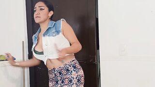 sexy dark haired Hispanic teases her neighbors inside getting her butt