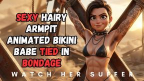 Anime bikini babe with hairy armpits and tattoos so sexy she needs to be punished tied to a x frame in BDSM bondage fantasy struggle