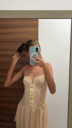 Blonde woman in strapless dress