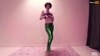 Naughty Jennifer rubs her butthole on a dildo wearing PVC leggings