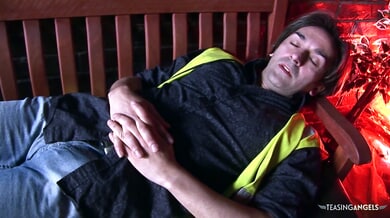 Construction worker pins dark-skinned beauty to the bench under red lights