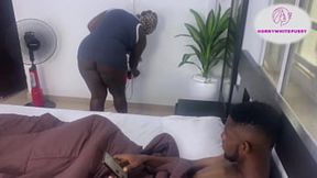 Dirty ebony teen sucks BBC till it's covered in her wet snatch