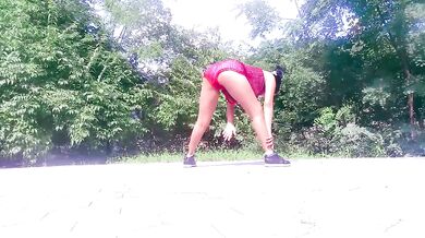 Ebony Biker Goddess Changes Yoga Pose Gushing Big Tits Down Under Outside