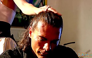 Blonde beauty rides stud's dick in the kitchen