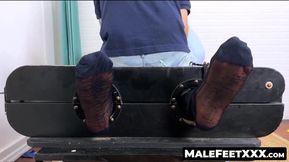Bearded Dallas bound and tickled on his feet by a hairy guy's persistent touch