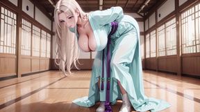 White Kimono Maid! Kneeling in the Japanese Corridor, High Slit Revealing Wet Thighs Under the Sun.