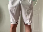 Wearing a sky blue basketball uniform and masturbating