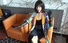 Trying on 3 large scarfs made of satin and silk