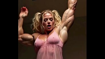 a very muscular girl loves to train her body by doing pull ups on the bar in her bedroom, wearing a pink dressing gown (ai generated) , female muscle