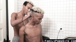 Dark twink gets a hair style before jerk off meeting