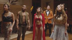 ”Hot big tits Stepmoms in sexy lingerie solving a mystery with group of guys”