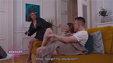 Step Mom Kisscat Caught Mutual Masturbation of Step sister Amber Bloom with Step Bro while Porn Watching in Living Room Couch