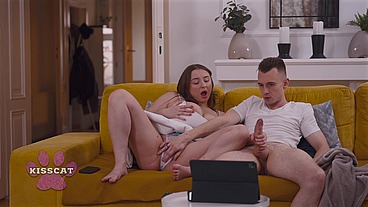 Step Mom Kisscat Caught Mutual Masturbation of Step sister Amber Bloom with Step Bro while Porn Watching in Living Room Couch