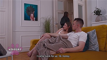 Step Mom Kisscat Caught Mutual Masturbation of Step sister Amber Bloom with Step Bro while Porn Watching in Living Room Couch