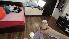 Amateur wife dancing naked at home. Amateur woman has fun trying on clothes and cutting them.