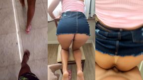 sai de sainha sem calcinha, encontrei um safado no elevador e ele arrombou meu cu e me deu banho de leite.