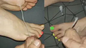 Geheime cumshots op prachtige benen, enorme voetbeurt aan het einde