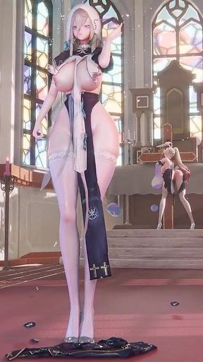 Featured Aponia - Nun with Phone Number Striptease, White Stockings, Plump Big Butt, Nipple Piercings, Jiggling Big Tits