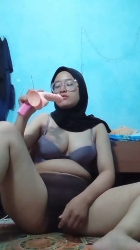 Horny Hijab After School, Plugging Vagina with Long Dildo