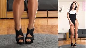 Asian girl in pantyhose and leotard practices her dance