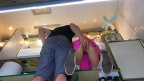 The boss is playing with his sexy shop assistant pussy while she talks to the customer