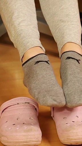 Dirty Grey Sneaker Socks in Pink Clogs - Casual Foot Tease