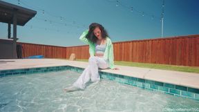 Carla Swims in White Jeans, Top and Shirt