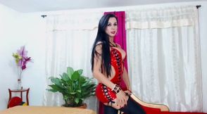 Latina shemale whore strokes her cock with her hand on cam