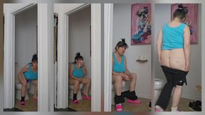 Toilet Fetish Bundle Wearing Sky Blue Crop Top Yoga Pants and Skirt