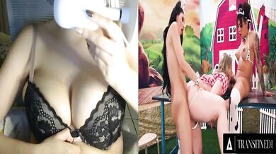 Thirsty amateur MILF gets hard drilled deep throat DP by two big trans