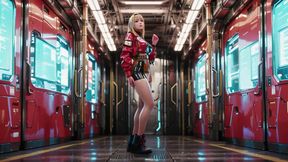 Red Leather Jacket Glistening Under Neon Rain, Kneeling Pose That Breaks the Armor