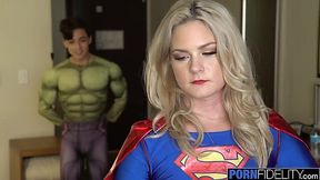 Slutty Blonde MILF in superwoman cosplay wants some anal fuck by a teen hulk