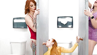 Busty Redhead Sucks And Fucked By The Two Shemales Janie Blade And Kasey Kei Fuck Through Restroom Gloryhole