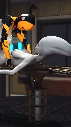Futa Sex Robot Plays with a Female Alien in the Sci-fi Lab