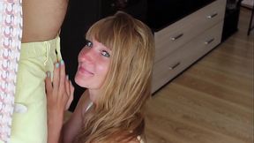 Cute blonde MILF Sasha Bikeyeva gives young man a homemade amateur blowjob