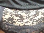 Mrs. R's faux cock (trans, crossdress, female mask, undressing, pantyhose, mask, wig, corset, garter