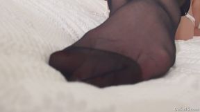 Stroking in Stockings & Cumming on Polka-Dot Panties