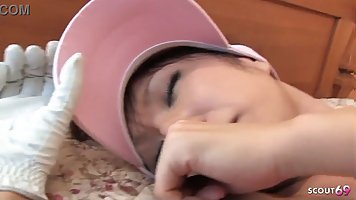 Petite Japanese teen seduced to creampie sex by older guy at golf lesson