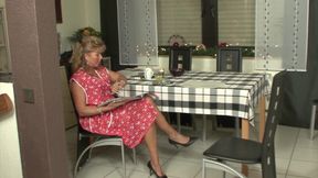 Blonde wife in lingerie stretched out and stuffed on the table in the kitchen