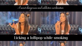 Licking a lollipop while smoking in a cute white minidress