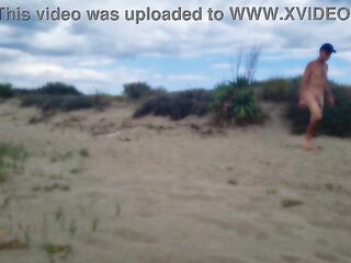 bare pathetic white serf, fag in jock cage, striptease and proudly present collar, leash, sextoy play at the homo beach, CMNM