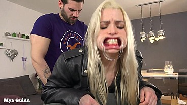 Mya wearing Levi's jeans and leather jacket and gets fucked through hole, piss on clothes, mouth gag deepthroat