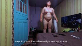 Naked Curvy Brunette on Vibration Platform Reads Comments with English Subtitles