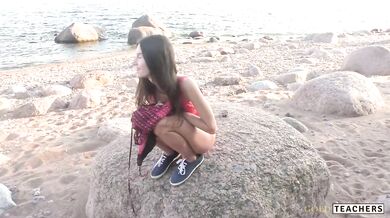 Petite Russian teen sucks cock on the beach POV