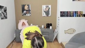 Fat girl with big natural tits and ass tries on tiny clothes