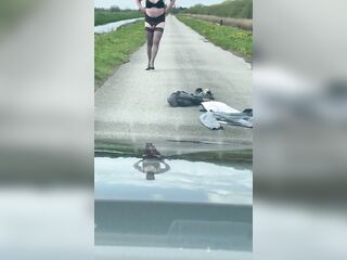 Crossdresser spouse, outdoors after work flashing.