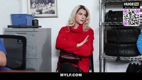 Submissive blond secretary unclothes in her office