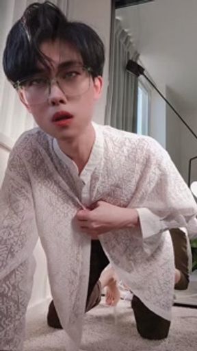 Sexy twink in suit swing his cock and cum all over your face and tongue for money