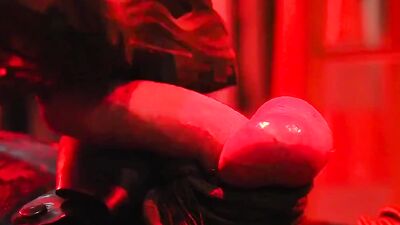 Full leather bloke is enjoying in his hardcore solo performance